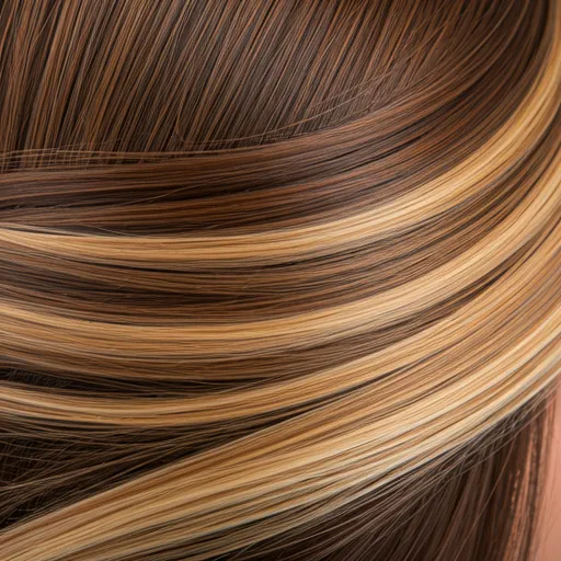 Close-up of hair after a balayage treatment, showing smooth transitions from chocolate brown to honey blonde