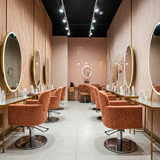 luxury hair salon interior in Mexico City with minimalist rose gold accents, soft ambient lighting and plush velvet chai