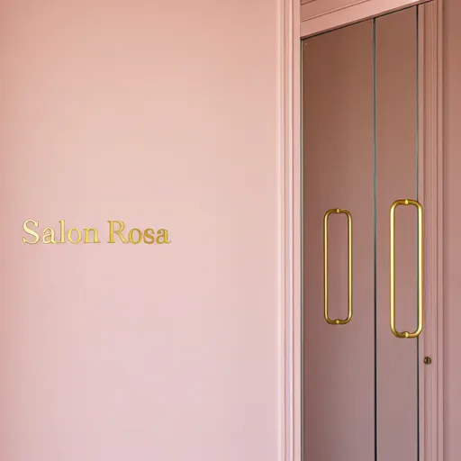 Modern entrance of Salon Rosa with gold lettering on a soft pink wall and glass door