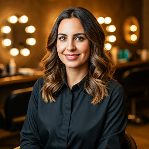 portrait of a professional female stylist Fernanda Rios in a chic salon setting, warm lighting, smiling and looking eleg