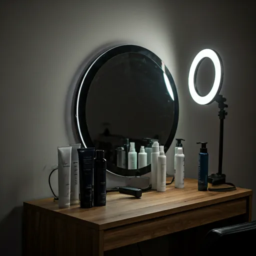 Stylist work station with large mirror, ring light, and professional hair products